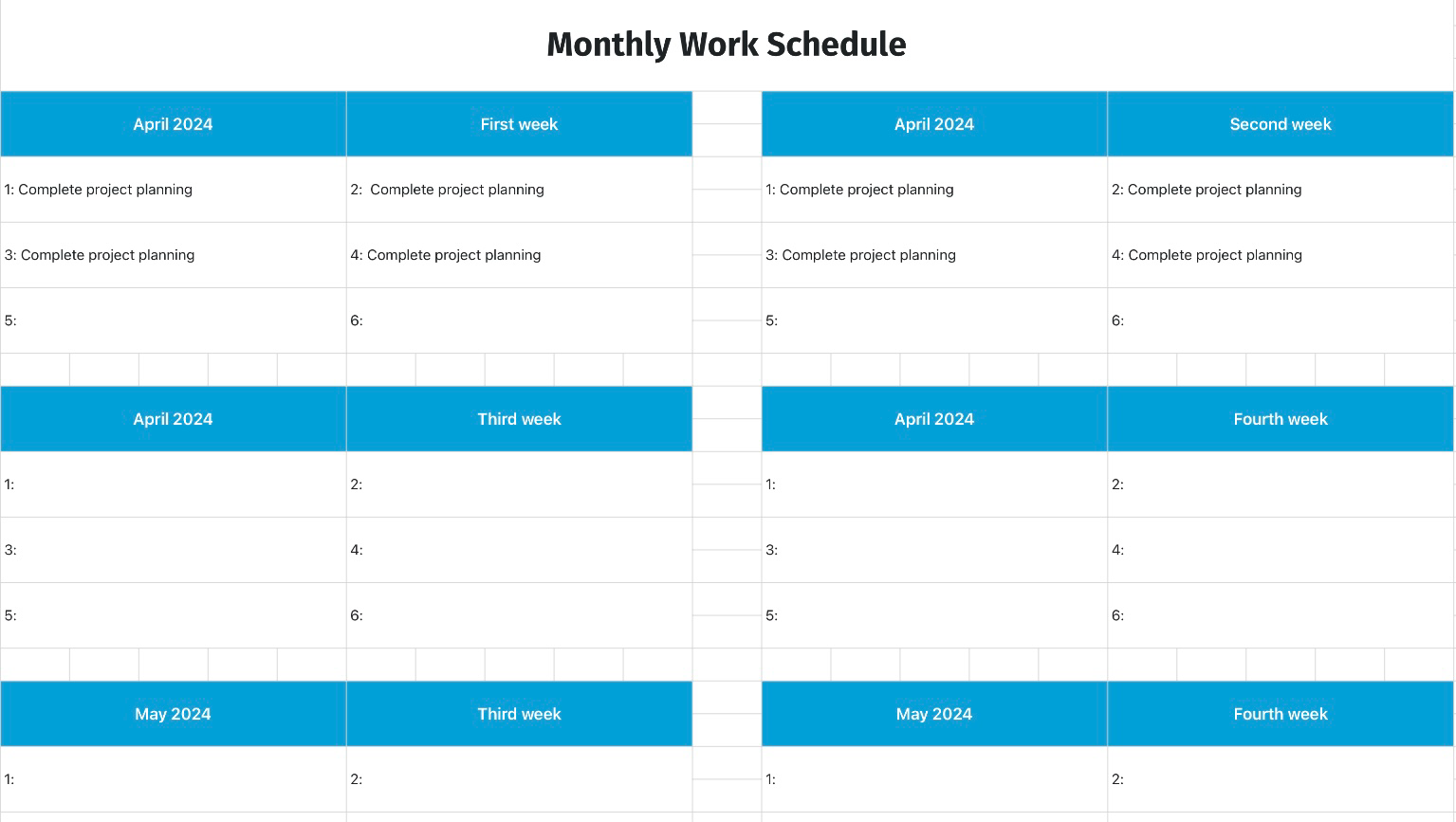 Monthly Work Schedule